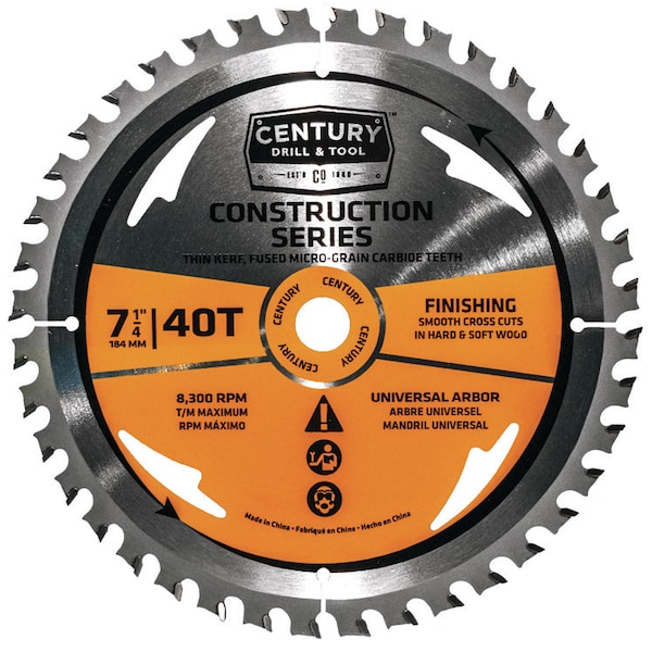 Century Drill & Tool Circular Sawblade General Const Grade 7-1/4 40T Univarbor Finishing - 13206