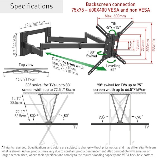 Barkan Barkan 13-83 inch Full Motion-4 Movement Extra Long Dual Arm Flat/Curved TV Wall Mount 110 lbs Black - BM464XL