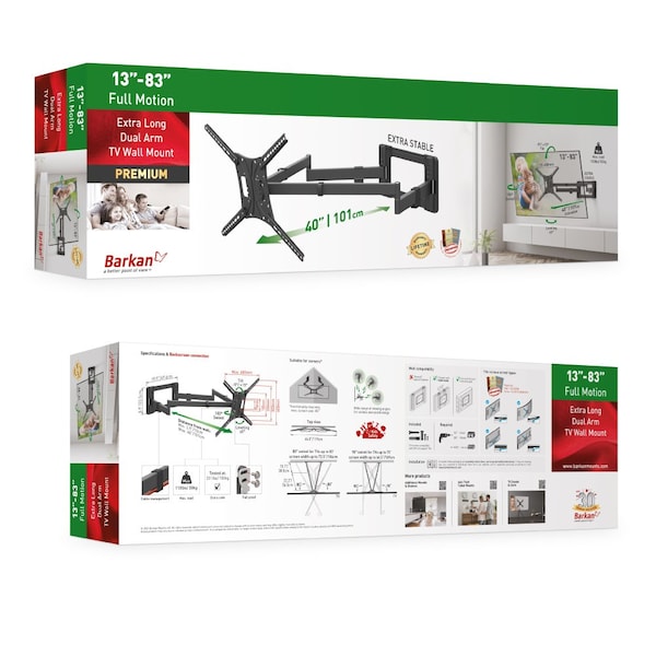 Barkan Barkan 13-83 inch Full Motion-4 Movement Extra Long Dual Arm Flat/Curved TV Wall Mount 110 lbs Black - BM464XL