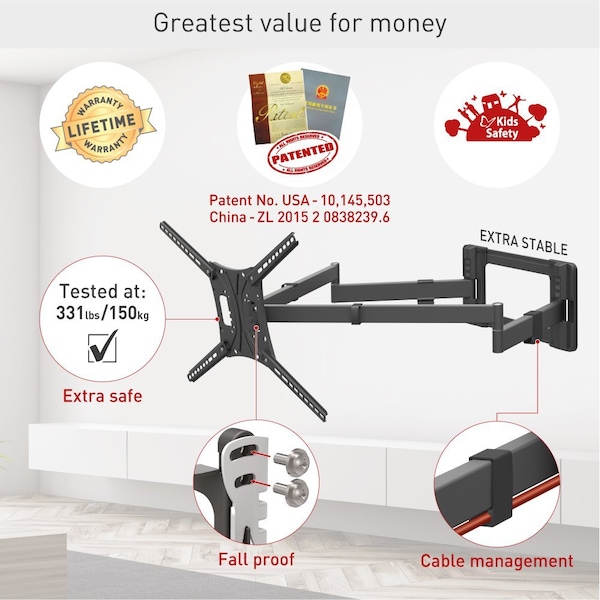 Barkan Barkan 13-83 inch Full Motion-4 Movement Extra Long Dual Arm Flat/Curved TV Wall Mount 110 lbs Black - BM464XL