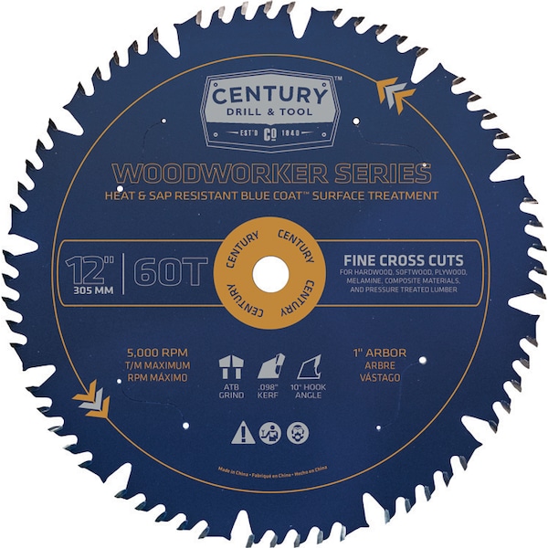 Century Drill & Tool Circular Saw Blade Pro Wood Working 12 60T 1 Arbor Fine Cross Cuts - 10607