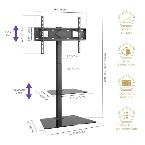 Promounts Modern Slim TV Stand with Mount for TVs 37 in. - 72 in. Up to 110 lbs with Tempered Glass Shelf - AFMSS6402