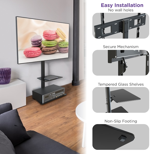 Promounts Modern Slim TV Stand with Mount for TVs 37 in. - 72 in. Up to 110 lbs with Tempered Glass Shelf - AFMSS6402