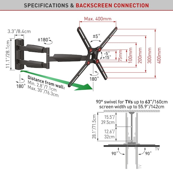 Barkan Barkan 13 - 65 inch Full Motion - 4 Movement Extra Long Flat / Curved TV Wall Mount 80 lbs Black - BM343XL