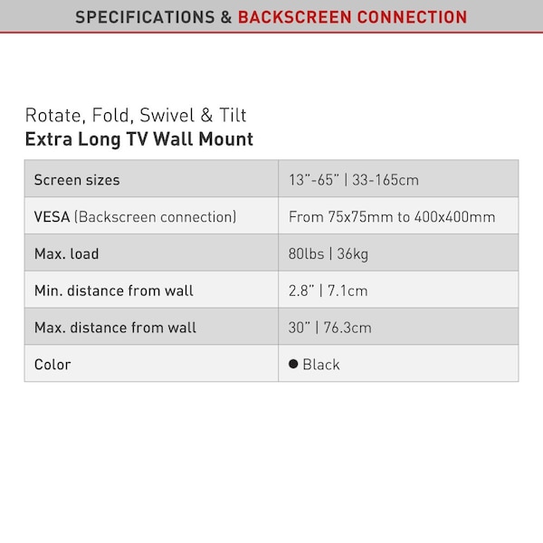 Barkan Barkan 13 - 65 inch Full Motion - 4 Movement Extra Long Flat / Curved TV Wall Mount 80 lbs Black - BM343XL