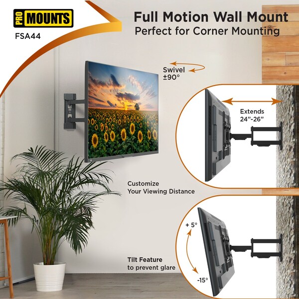 Promounts Full Motion TV Wall Mount for TVs 32 in. - 65 in. Up to 80 lbs - FSA44
