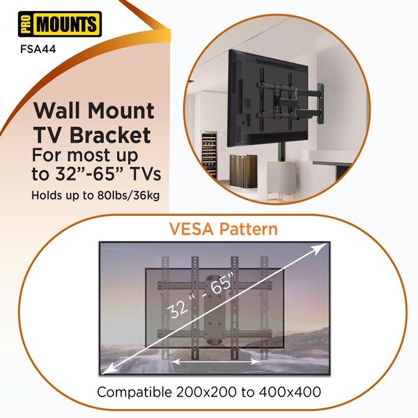 Promounts Full Motion TV Wall Mount for TVs 32 in. - 65 in. Up to 80 lbs - FSA44