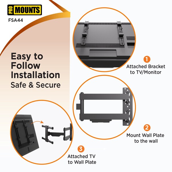Promounts Full Motion TV Wall Mount for TVs 32 in. - 65 in. Up to 80 lbs - FSA44