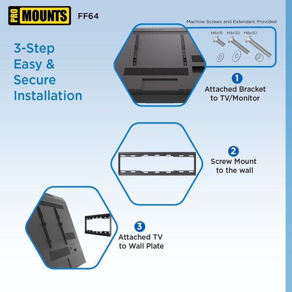 Promounts Flat TV Wall Mount for TVs 42 in. - 84 in. Up to 143 lbs - FF64