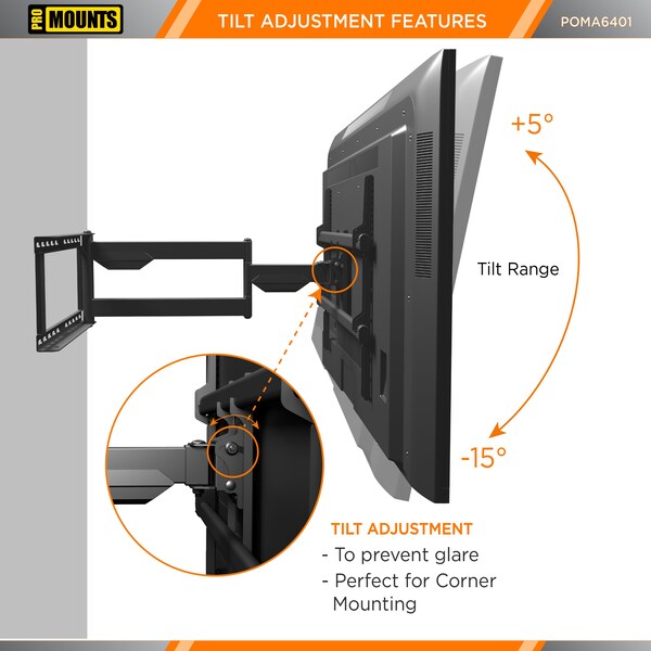 Promounts Full Motion Outdoor TV Wall Mount for TVs 32 in. - 75 in. Up to 132 lbs - POMA6401