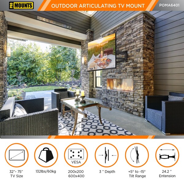 Promounts Full Motion Outdoor TV Wall Mount for TVs 32 in. - 75 in. Up to 132 lbs - POMA6401