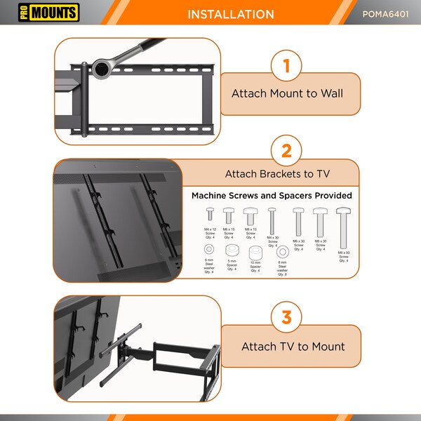 Promounts Full Motion Outdoor TV Wall Mount for TVs 32 in. - 75 in. Up to 132 lbs - POMA6401