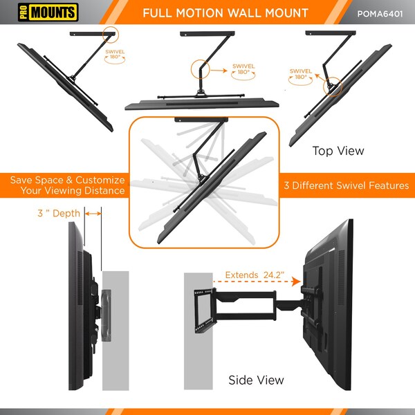 Promounts Full Motion Outdoor TV Wall Mount for TVs 32 in. - 75 in. Up to 132 lbs - POMA6401