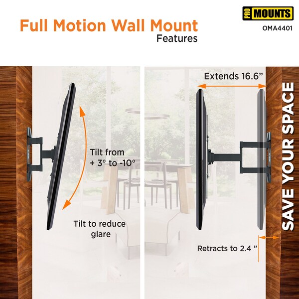 Promounts Full Motion TV Wall Mount for TVs 25 in. - 56 in. Up to 88 lbs - OMA4401
