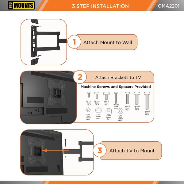 Promounts Full Motion TV Wall Mount for TVs 26 in. - 45 in. Up to 77 lbs - OMA2201