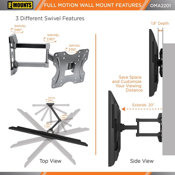Promounts Full Motion TV Wall Mount for TVs 26 in. - 45 in. Up to 77 lbs - OMA2201