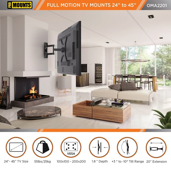 Promounts Full Motion TV Wall Mount for TVs 26 in. - 45 in. Up to 77 lbs - OMA2201
