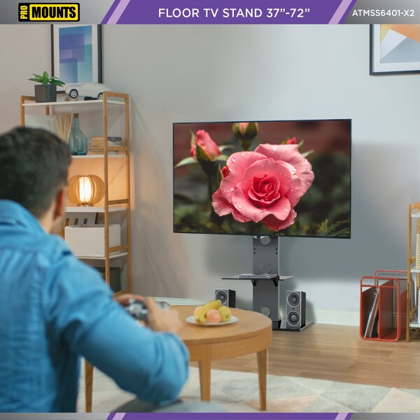 Promounts Modern TV Stand with Mount for TVs 37 in. - 72 in. Up to 110 lbs with Tempered Glass Shelf - ATMSS6401-02