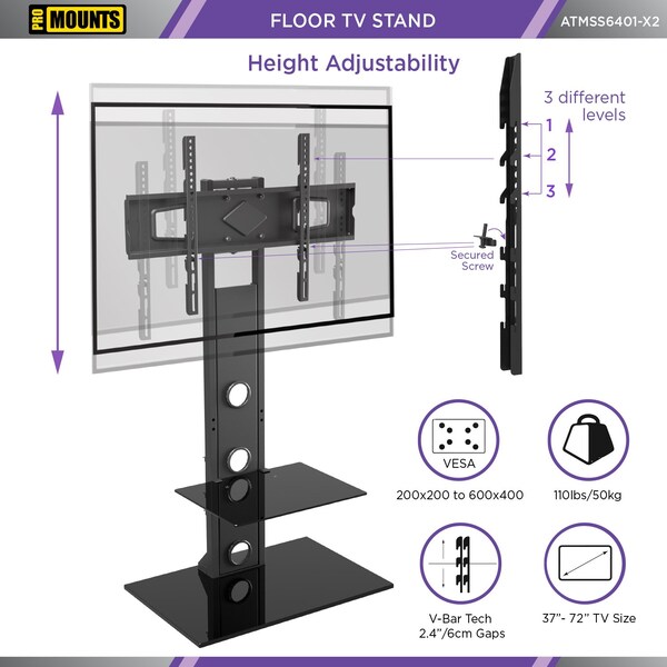 Promounts Modern TV Stand with Mount for TVs 37 in. - 72 in. Up to 110 lbs with Tempered Glass Shelf - ATMSS6401-02