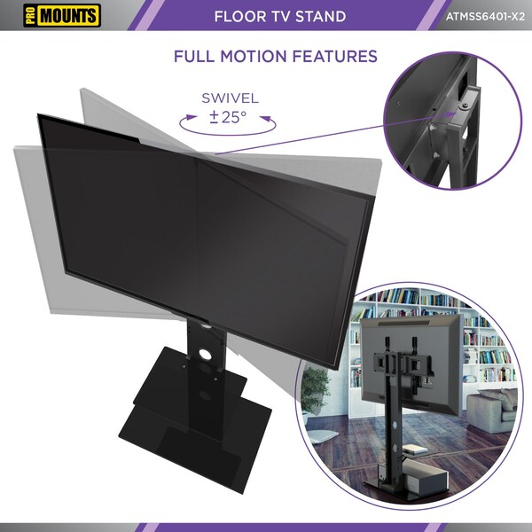 Promounts Modern TV Stand with Mount for TVs 37 in. - 72 in. Up to 110 lbs with Tempered Glass Shelf - ATMSS6401-02