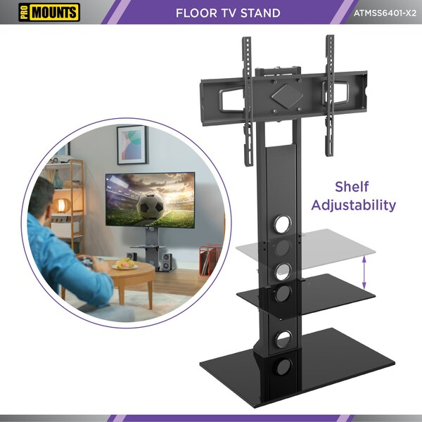 Promounts Modern TV Stand with Mount for TVs 37 in. - 72 in. Up to 110 lbs with Tempered Glass Shelf - ATMSS6401-02