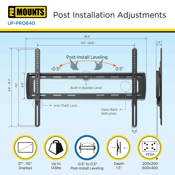 Promounts Flat TV Wall Mount for TVs 37 in. - 110 in. Up to 143 lbs - UF-PRO640