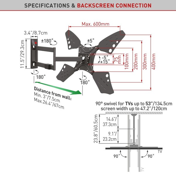 Barkan Barkan 13 - 83 inch Full Motion - 4 Movement Long Flat / Curved TV Wall Mount 110 lbs Black - 3400L