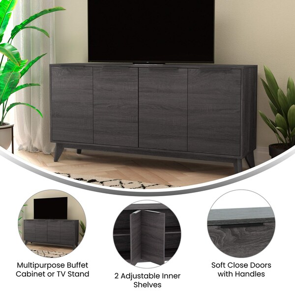 Flash Furniture Hatfield 60 Inch 4 Door Storage Buffet Sideboard, TV Stand for up to 64 TV's, Black Wash - EM-0372-BK-GG