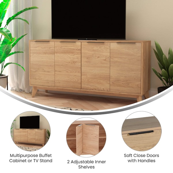 Flash Furniture Hatfield 60 Inch 4 Door Storage Buffet Sideboard, TV Stand for up to 64 TV's, Light Natural - EM-0372-LTNAT-GG