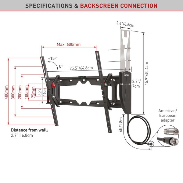 Barkan Barkan 19 - 83 inch Tilt Flat / Curved TV Wall Mount with Integrated HDTV Indoor Antenna 5dB Gain - VTM410