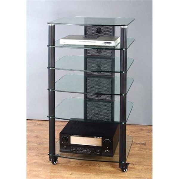 Vti Manufacturing VTI Manufacturing NGR406BW Black Poles 6 Clear Glass Shelves AV Stand - NGR406BW