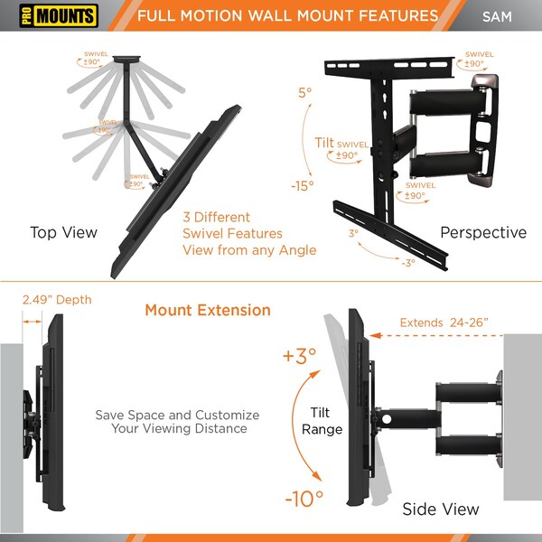 Promounts Full Motion TV Wall Mount for TVs 30 in. - 65 in. Up to 80 lbs - SAM