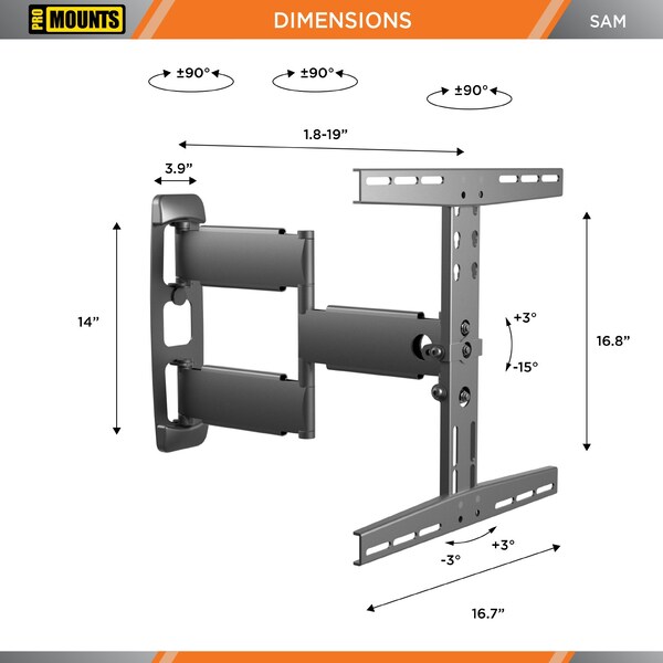 Promounts Full Motion TV Wall Mount for TVs 30 in. - 65 in. Up to 80 lbs - SAM