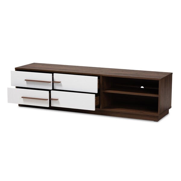 Baxton Studio Mette Mid-Century White and Walnut Finished 4-Drawer Wood TV Stand - 157-9527