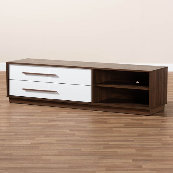 Baxton Studio Mette Mid-Century White and Walnut Finished 4-Drawer Wood TV Stand - 157-9527