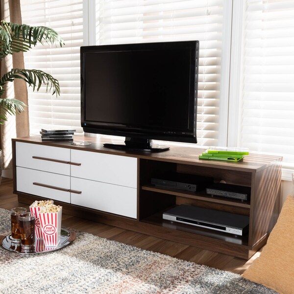 Baxton Studio Mette Mid-Century White and Walnut Finished 4-Drawer Wood TV Stand - 157-9527