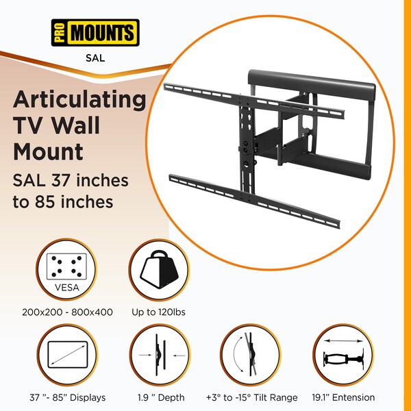 Promounts Full Motion TV Wall Mount for TVs 37 in. - 85 in. Up to 120 lbs - SAL