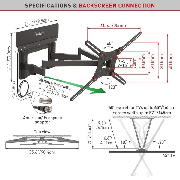 Barkan Barkan 13 - 90 inch Full Motion TV Wall Mount w/Integrated Amplified HDTV Indoor Antenna 25dB Gain - VTM464L