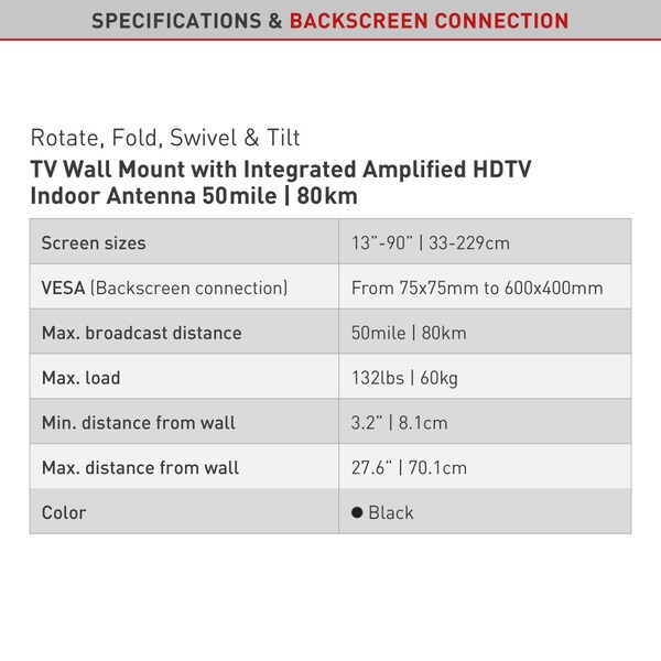 Barkan Barkan 13 - 90 inch Full Motion TV Wall Mount w/Integrated Amplified HDTV Indoor Antenna 25dB Gain - VTM464L