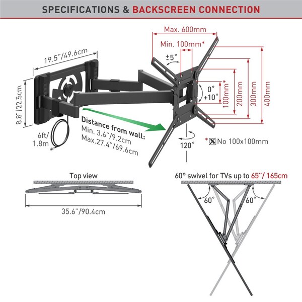 Barkan 40" - 90" Full Motion TV Wall Mount with Integrated Amplified HDTV Indoor Antenna - TVA48