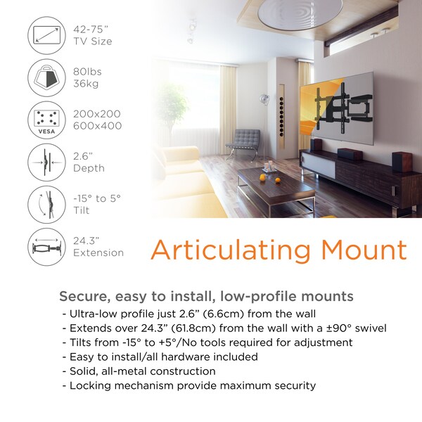 Promounts Full Motion TV Wall Mount for TVs 42 in. - 75 in. Up to 80 lbs - FSA64