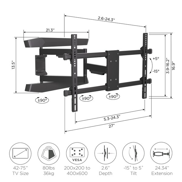 Promounts Full Motion TV Wall Mount for TVs 42 in. - 75 in. Up to 80 lbs - FSA64