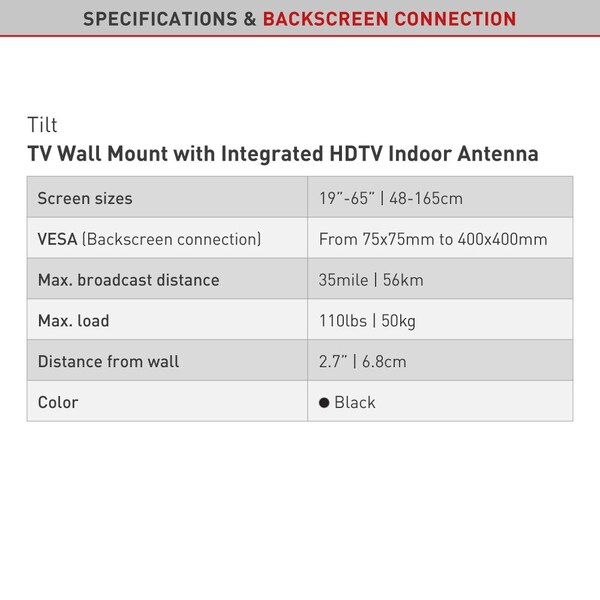 Barkan Barkan 19 - 65 inch Tilt Flat / Curved TV Wall Mount w/Integrated HDTV Indoor Antenna 5dB Gain - TVA31