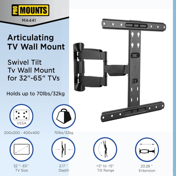 Promounts Full Motion TV Wall Mount for TVs 32 in. - 65 in. Up to 70 lbs - MA441