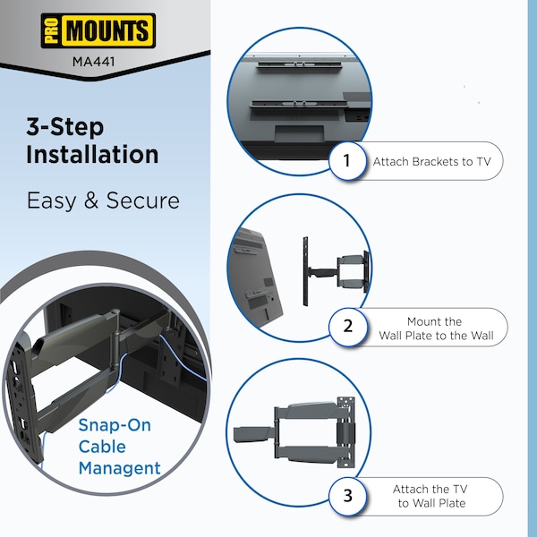 Promounts Full Motion TV Wall Mount for TVs 32 in. - 65 in. Up to 70 lbs - MA441
