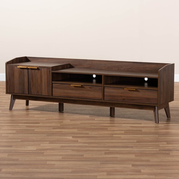 Baxton Studio Lena Mid-Century Walnut Brown Finished 2-Drawer Wood TV Stand - 157-9779