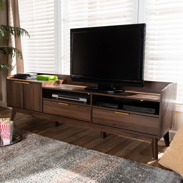 Baxton Studio Lena Mid-Century Walnut Brown Finished 2-Drawer Wood TV Stand - 157-9779