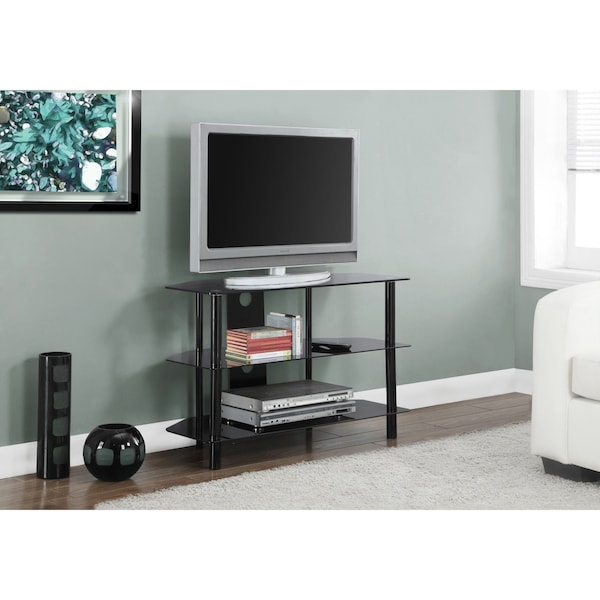 Monarch Specialties Tv Stand, 36 Inch, Console, Storage Shelves, Living Room, Bedroom, Tempered Glass, Black - I 2506