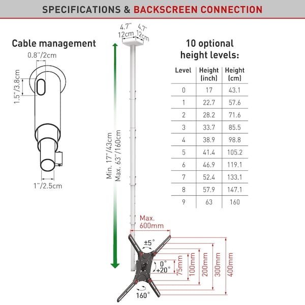 Barkan Barkan 13 - 75 inch Full Motion - 3 Movement Flat / Curved Long TV Ceiling Mount White & Black - 4500L