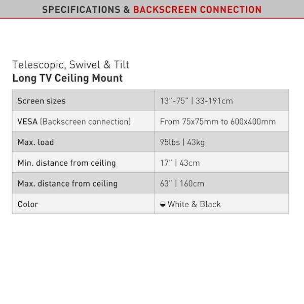 Barkan Barkan 13 - 75 inch Full Motion - 3 Movement Flat / Curved Long TV Ceiling Mount White & Black - 4500L